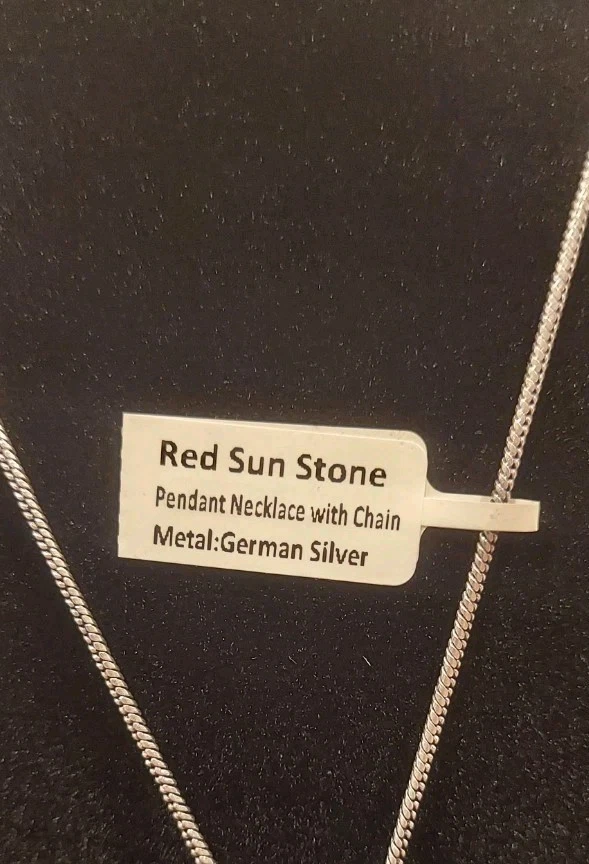 Red Sun Stone Oval Pendant 18" Necklace German Silver - Image 4 of 4