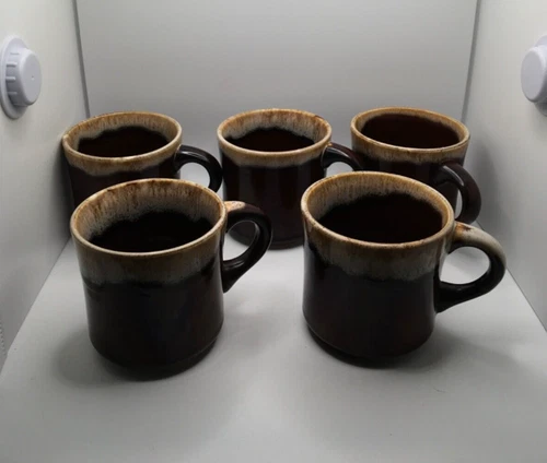 Stoneware Mugs Vintage, Brown with Tan Drip Glaze Set of 5, Marked U.S.A.
