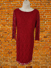 WOMENS OASIS SIZE UK 10 RED LACE OVERLAY V-NECK BACK SHEATH DRESS MIDI LENGTH
