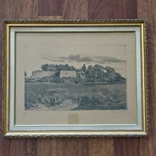 Vintage Framed Halvard Storm Signed 1928 Etching of Kongsten Fredrikstad Norway