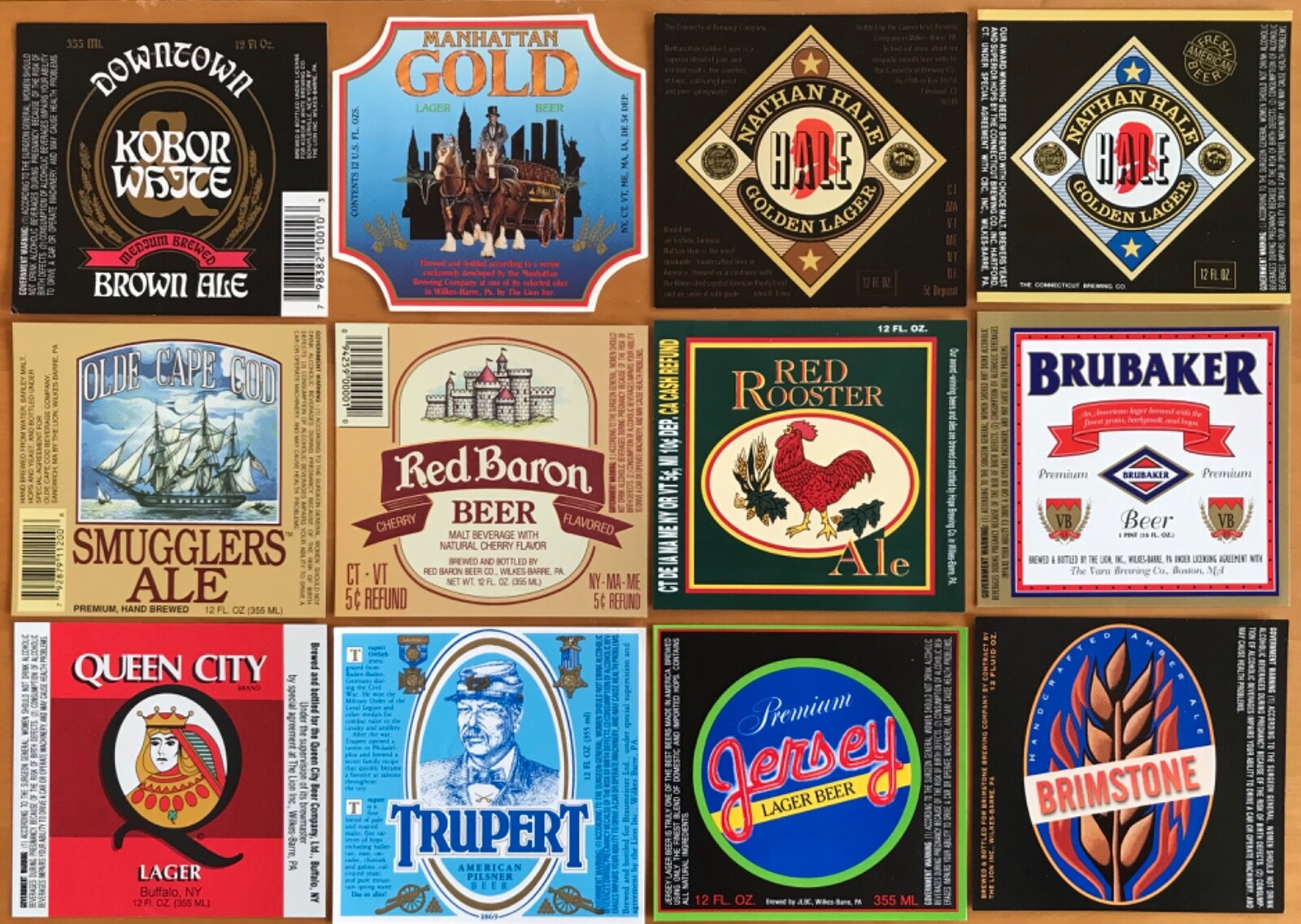 12 Bieretiketten Beer Labels USA, The Lion Inc. aka; WilkesBarre, PA