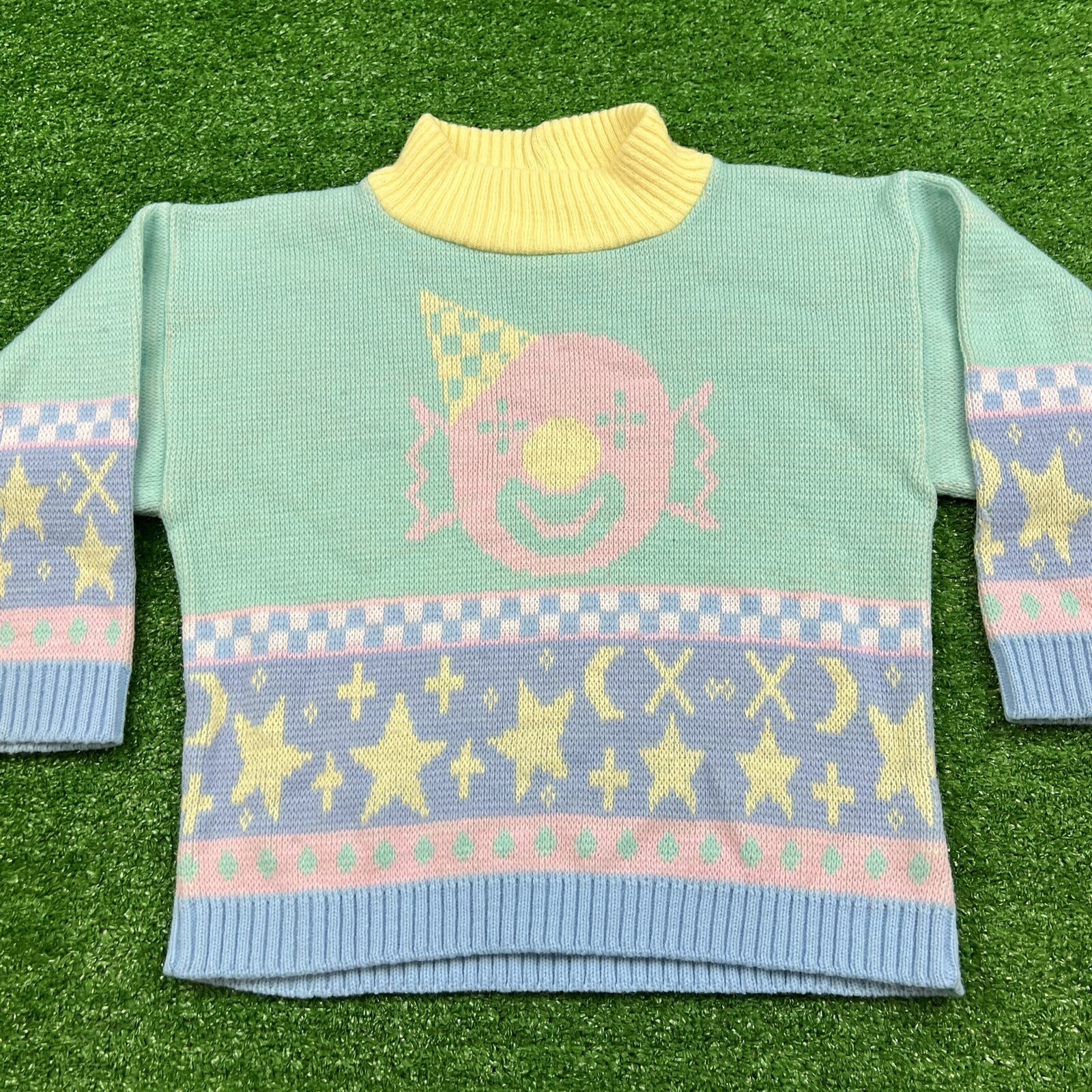 Vintage 60's 70's Kids Clown Knit Sweater Multico… - image 1