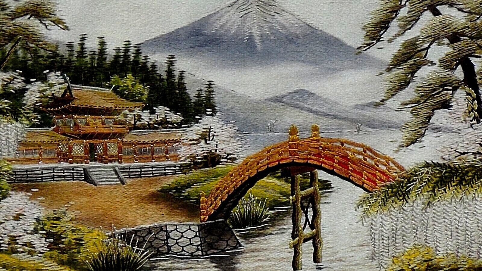 ANTIQUE JAPANESE SILK EMBROIDERY W/VILLAGE,BRIDGE OVER RIVER &FUJII MOUNTAIN