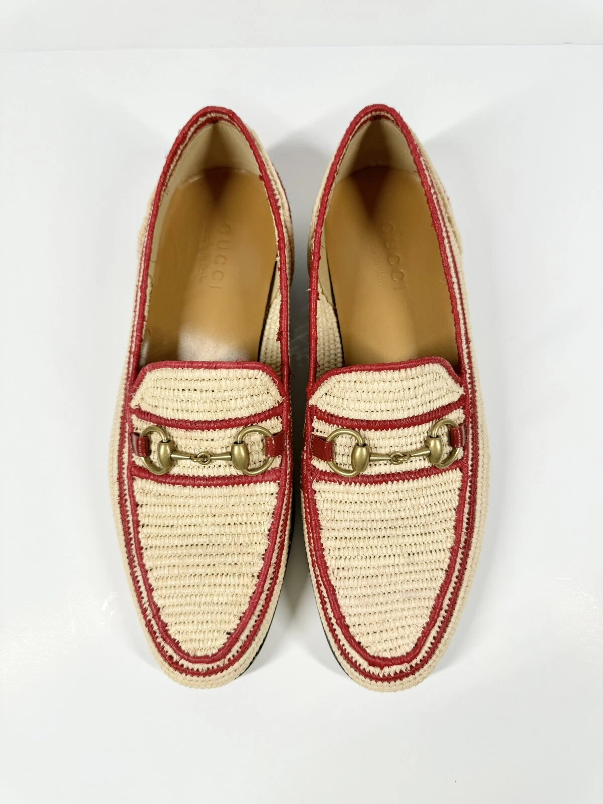 MOCASSIN MOCASSIN GUCCI RAPHIA AGADIR HORSEBIT ROUGE NATUREL HOMME UK 8 US 8,5