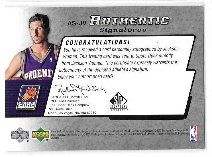 2004-05 Upper Deck SP Signature Edition Autograph #AS-JV Jackson Vroman - Image 2 of 2