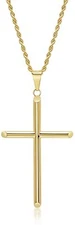 24K Gold Rope Chain Style Cross Pendant Necklace Solid Clasp for Men,Women,Teens