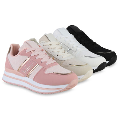 Damen Plateau Sneaker Strass Schnürer Metallic Glitzer 840172