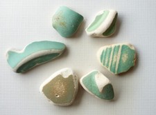 6 X-LARGE Pcs GREEN Beach Combed Sea Glass POTTERY, Jewelry Grade