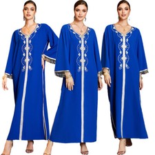 Fashion Women Dubai Kaftan Muslim Maxi Dress Beads Tassel Sleeve Evening Gown