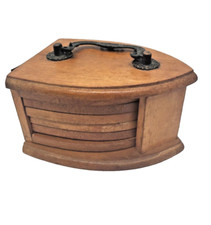 Vintage Iron Wooden Coaster Storage Box With Set Of 6 Wood And Cork Coasters
