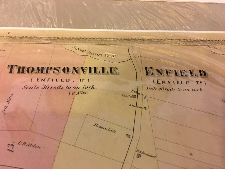 ANTIQUE 1869 THOMPSONVILLE ENFIELD HARTFORD COUNTY CONNECTICUT HANDCOLORED MAP - Image 2 of 4