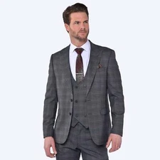 Mens Suits CB Jason Tailored Slim Fit Contrast Check 3 Piece Suit Wedding Party