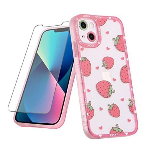 Compatible with Case Pink Cute Pattern Soft TPU Case for iPhone 13 Strawberry