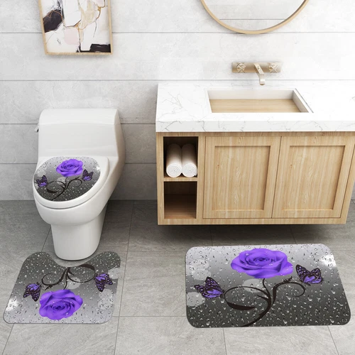 4Pcs/Set Butterfly Rose Waterproof Shower Curtain Toilet Lid Cover Bathroom Mat - Bild 24 von 36