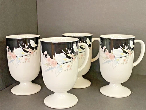 Black Rhapsody Fine China Set of Four Pedestal Cups Mugs Coffee Tea JAPAN VTG