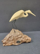 Vintage John Perry Sculpture Burl Wood Shore Bird Heron Crane Stork White Resin
