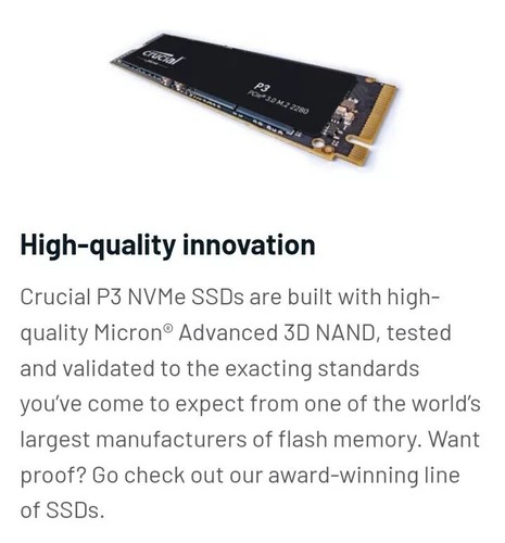SSD Crucial P3 1 To 3.0 NAND NVMe PCIe M.2 - Neuf scellé - Photo 3/8