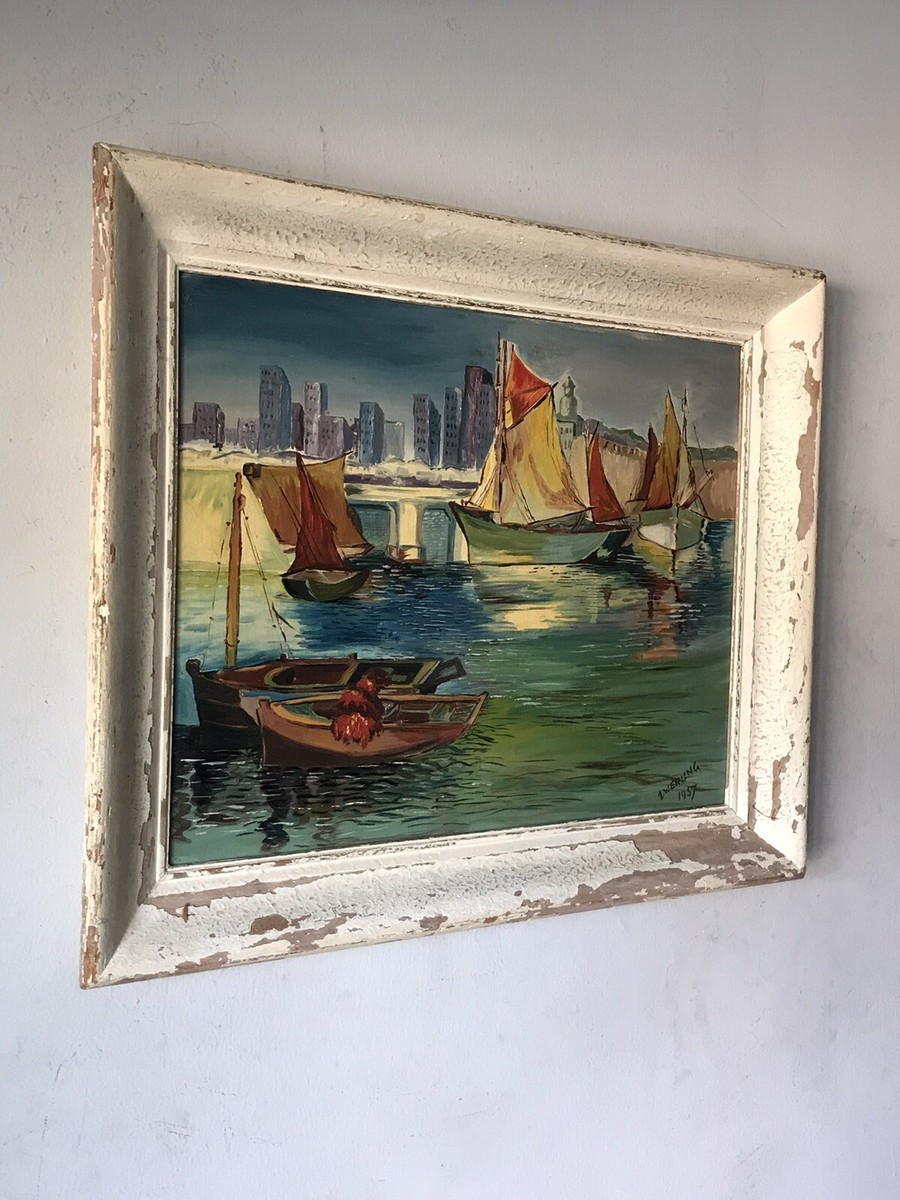 MID CENTURY MODERN NAUTICAL SAILBOAT OIL PAINTING 1957