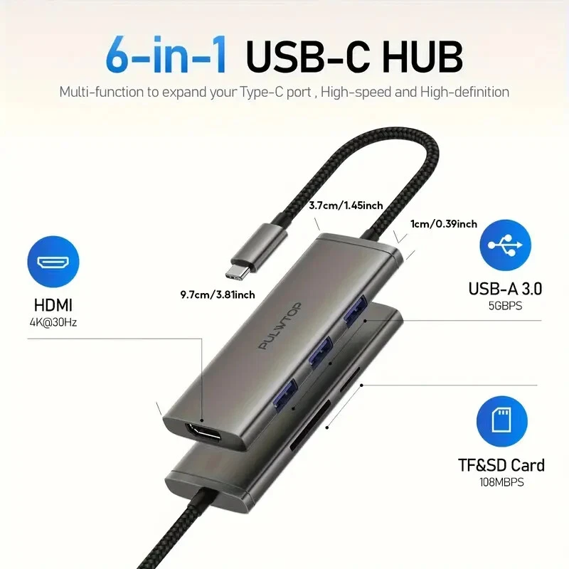 USB C Hub 6 In 1 USB Hub For MacBook Pro/Air, Docking Station With 4K HD