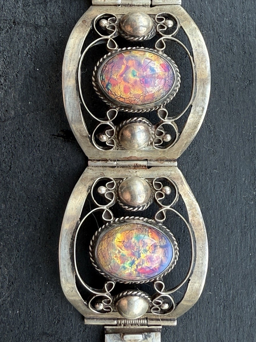 1970s 1980s MEXICO TAXCO STERLING SILVER Foil Opal PANEL BRACELET