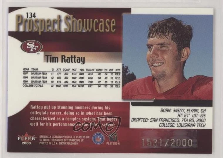 2000 Fleer Showcase Prospect Showcase /2000 Tim Rattay #134 Rookie RC - Image 2 of 2