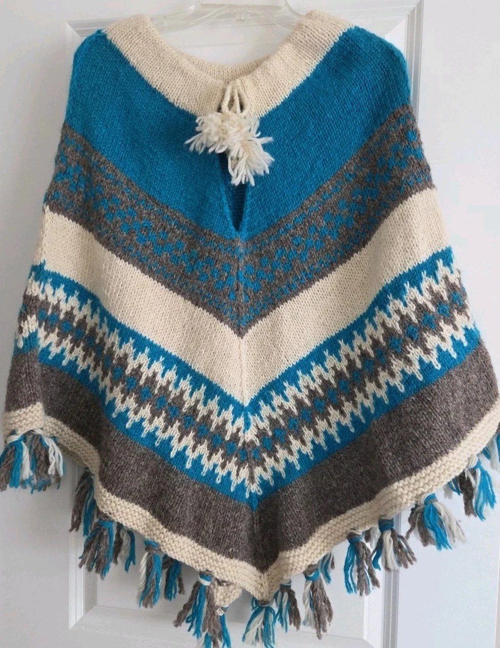 Wool Vintage Ivory Gray Turquoise Sweater Poncho Cape With Fringe One Size