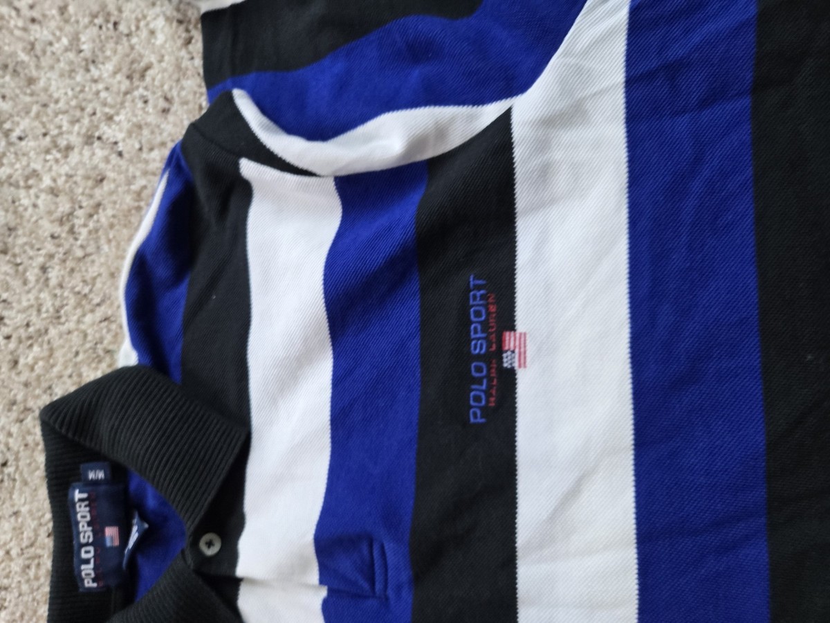 Vintage Polo Sport Polo Shirt Mens Medium Blue Striped Long Sleeve