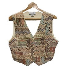 Retro 80s Vintage Boho Aztec Southwestern Button Front Vest Pockets Petite Med