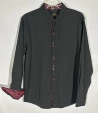 DIBANGU SOLID BLACK CONTRASTING TRIM FLIP CUFF DOUBLE B/U DRESS SHIRT MENS MED