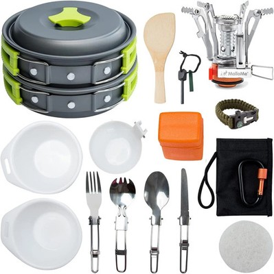 MalloMe Camping Cookware 18pc Mess Kit w/Backpacking Stove - Camping Cooking Set