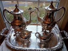 Ornate Silverplate on Copper Tea Set w/ Handled Crescent Tray
