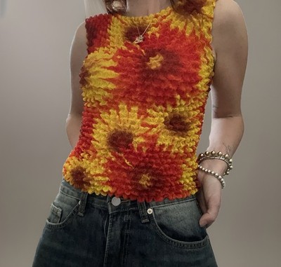 Vintage Y2K Retro Milano Orange Yellow One Size Sunflower Stretch Bubble Top