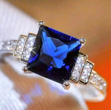 C2D: Woman White Gold* Ring. Size O-P. Blue Princess Cut Lab Created Sapphire