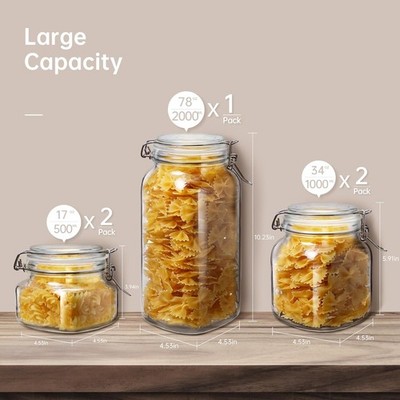 Multi Size 5 Pack Square Glass Jars W/ Airtight Lid Wide Mouth