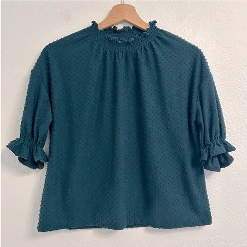 Madewell Texture & Thread Top Teal Green Swiss Dot Smocked Mock Neck Size XS