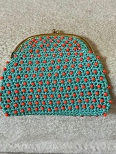 Vintage Crochet Beaded Turquoise Change Purse w/ Pink Beads Made in Italy
