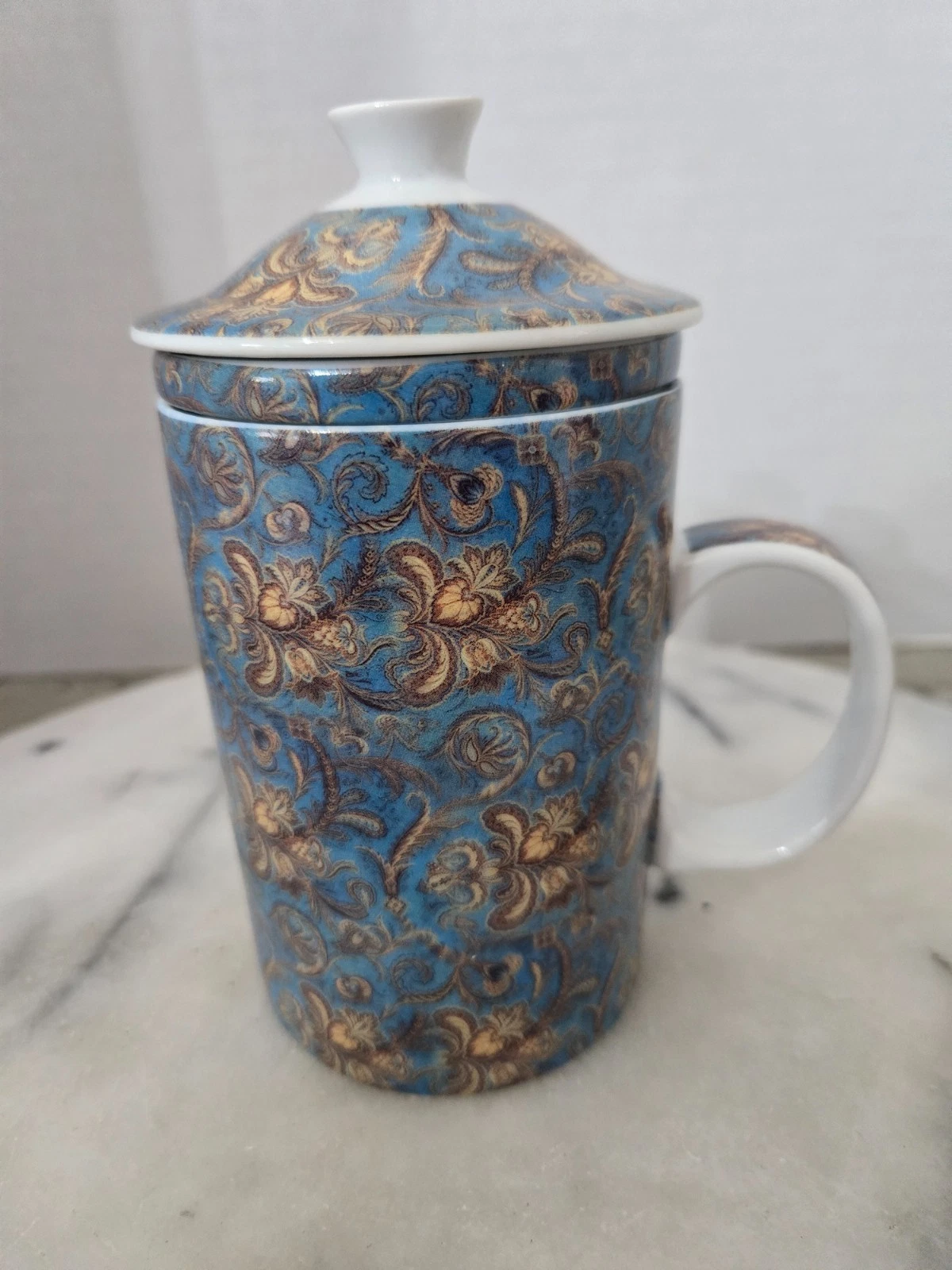 WORLD MARKET 1990's3 PC TEA INFUSER MUGS (1) DRAGON (1) BLUE/GOLD BAROQUE DESIGN