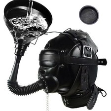 PU Leather Hood Headgear Blindfold Eye Mask Fetish Restraint Irrigation Funnel