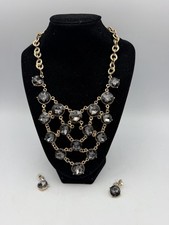 Gold Tone Gray Crystal Statement Necklace Earrings Set Bib Jewelry Women