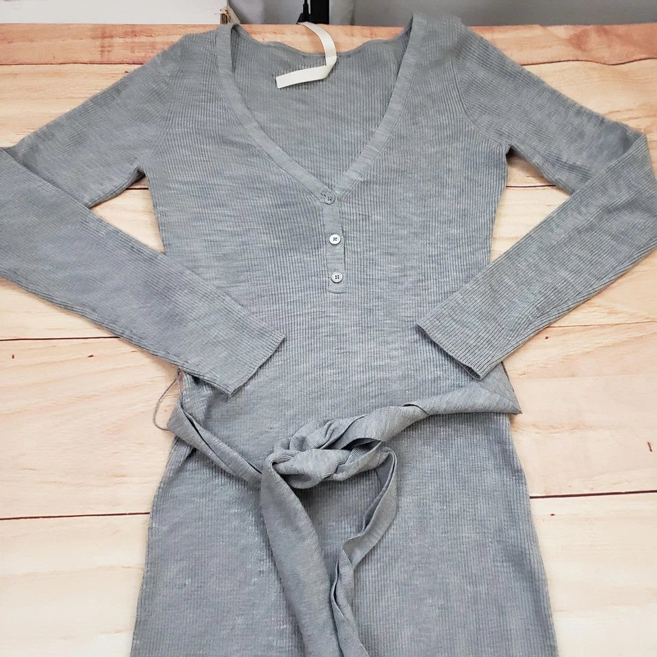 The Group Babaton Sweater Dress Womens Large Gray Ribbed Knit Belted V-Neck Maxi - Image 3 of 4