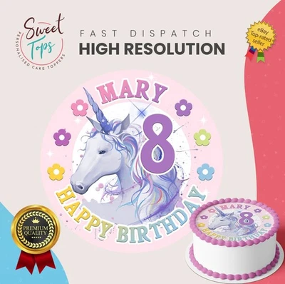 Unicorn Personalised Round Edible Birthday Cake Topper Cake Decoration - Image 1 of 4