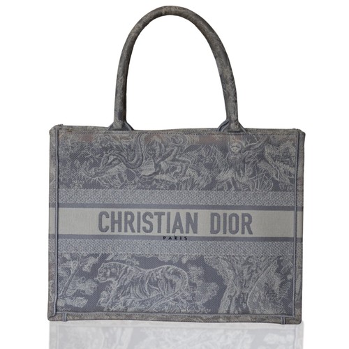 CHRISTIAN DIOR Toile Book Tote Medium Bag Embroidery  Light Gray Off White