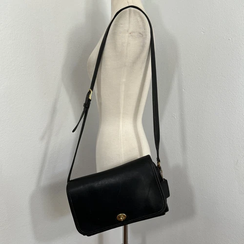 Borsa a tracolla Coach vintage in pelle nera 9812 Ridgefield borsa con patta