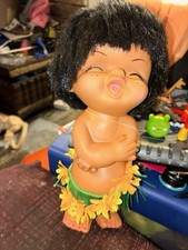 Vintage 10” HAWAIIAN Hula Doll Toy Grass Skirt Flower Lei Thick Hair - RARE