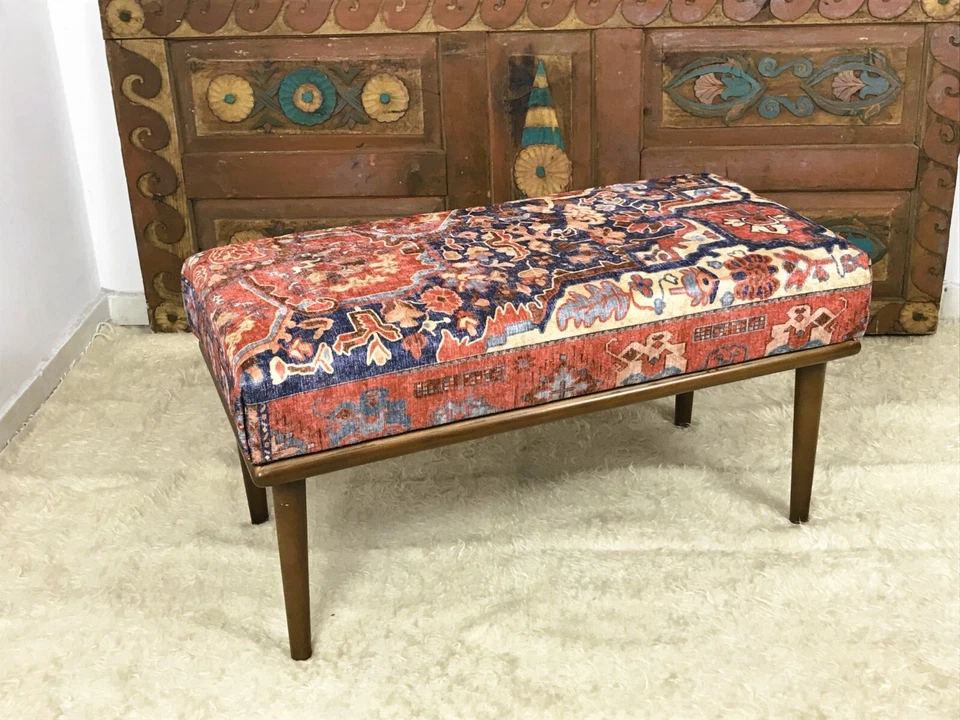 Handmade Kilim Upholstered Ottoman Footstool Piano Entryway Bedroom Bench - Image 2 of 4