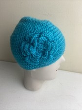 CROCHET Beanie Hat Teal Blue Handmade Flower Cap Cottagecore Youth O/S