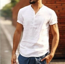 Men's T Shirt Blouse Tops Cotton Linen Beach Short Sleeve V Neck Fashion Summer