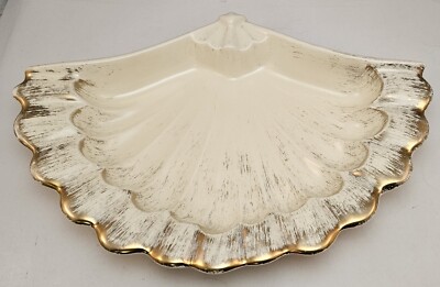 Vintage MCM Maddux Large Ceramic Shell Dish Cream w/Gold Accents - Rare HTF