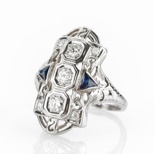 Art Deco Damenring 750er Gold mit 0.34ct Brillanten und 0.10ct Saphiren