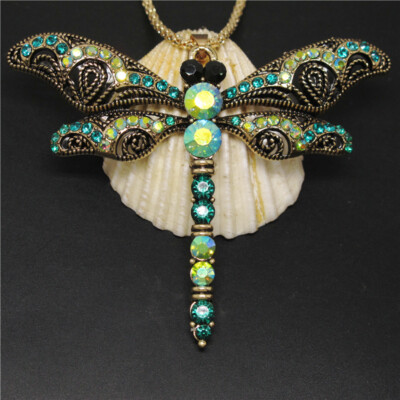 New Fashion Charm Green Enamel Retro Dragonfly Crystal Pendant Women Necklace